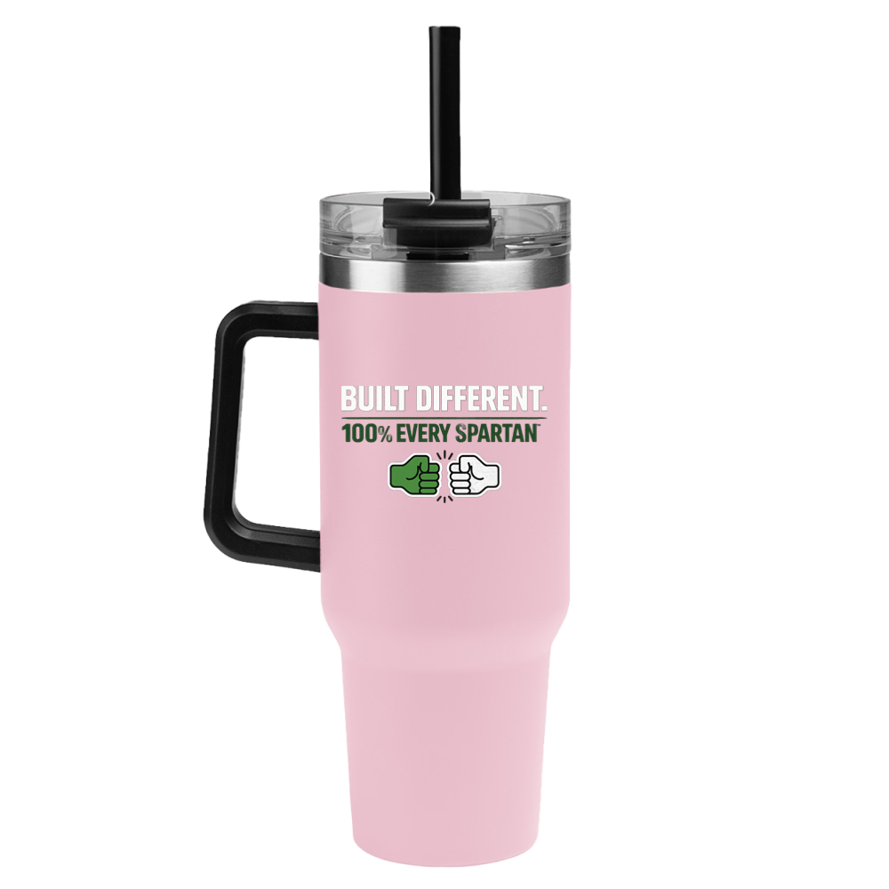 Pink tumbler with black handle and straw, labeled “BUILT DIFFERENT. 100% EVERY SPARTAN.”