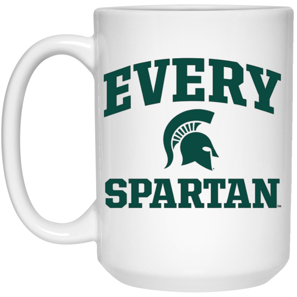 White mug with green “EVERY SPARTAN” text and Spartan helmet logo