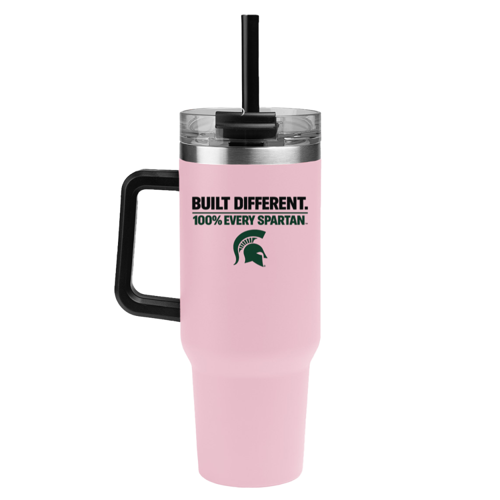 Pink insulated tumbler with black lid and handle, labeled “Built Different. 100% Ever Spartan.”