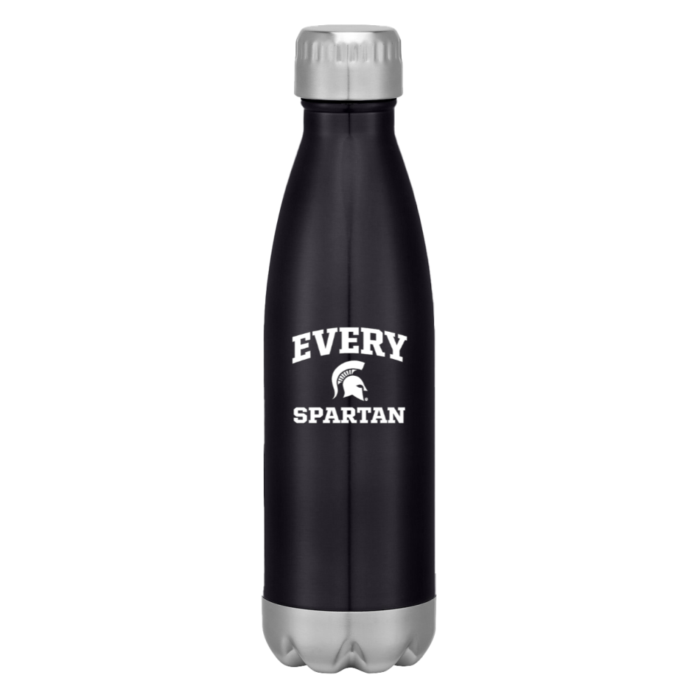 Black Every Spartan insulated water bottle with silver cap and base on a white background