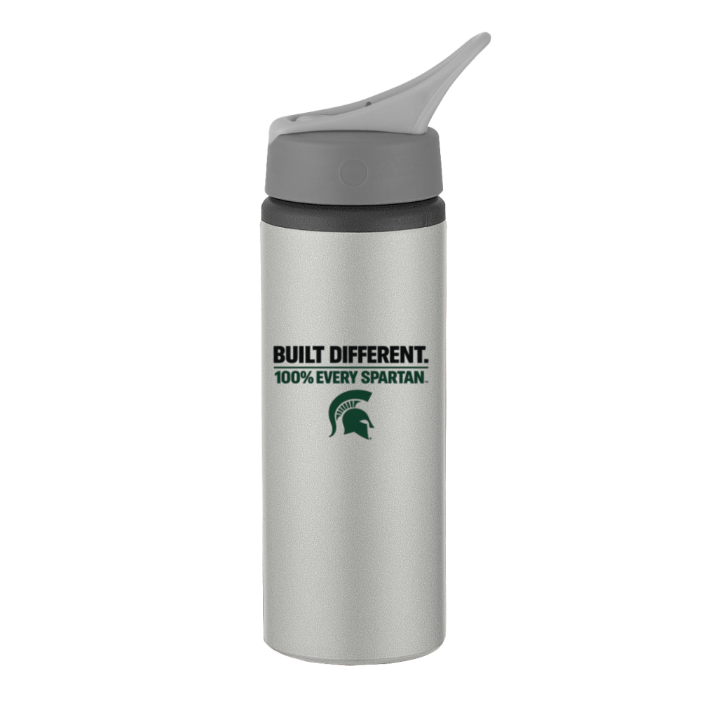 Gray water bottle with flip spout and text reading “BUILT DIFFERENT. 100% EVERY SPARTAN.”