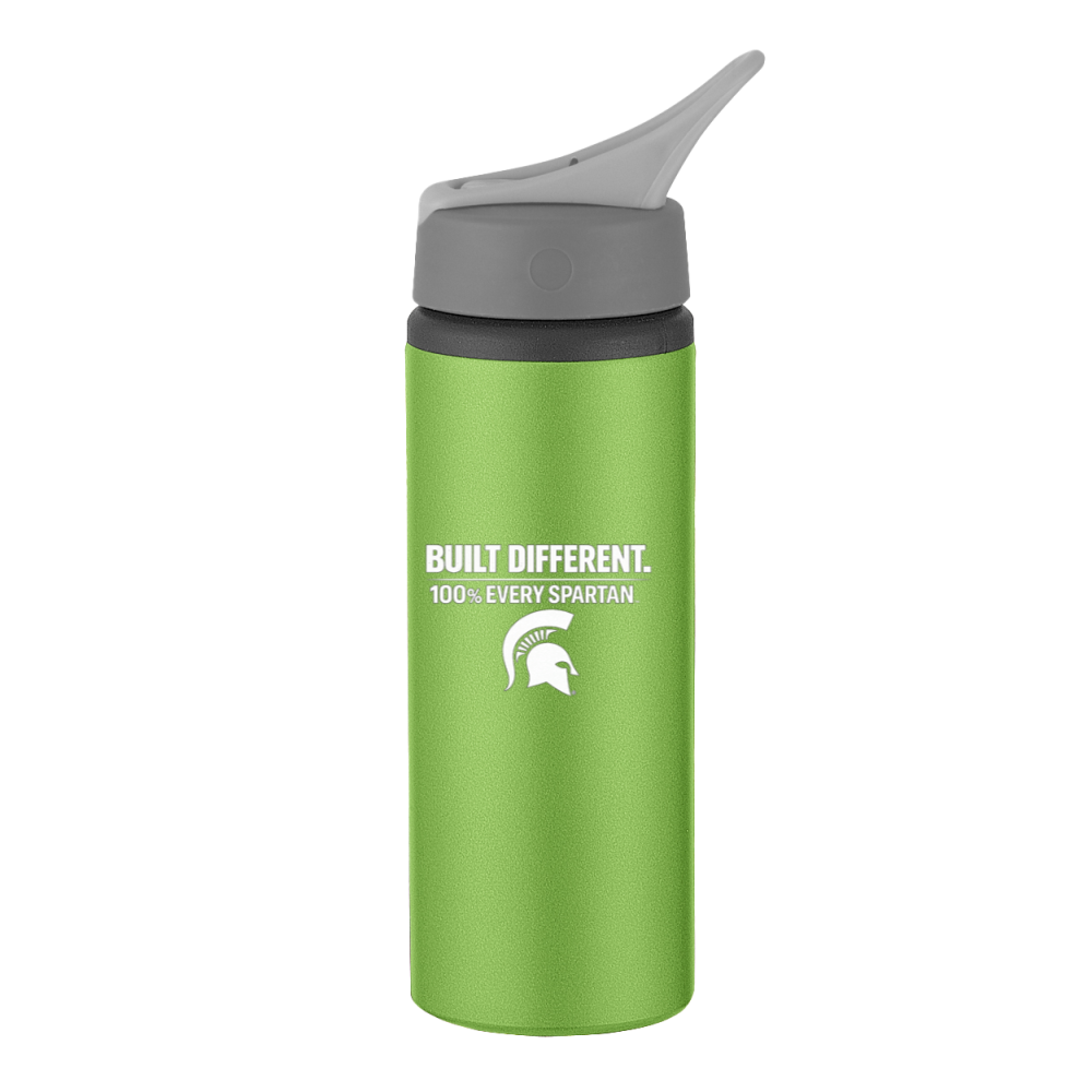 Green insulated bottle with gray flip-top lid and white text on a plain background