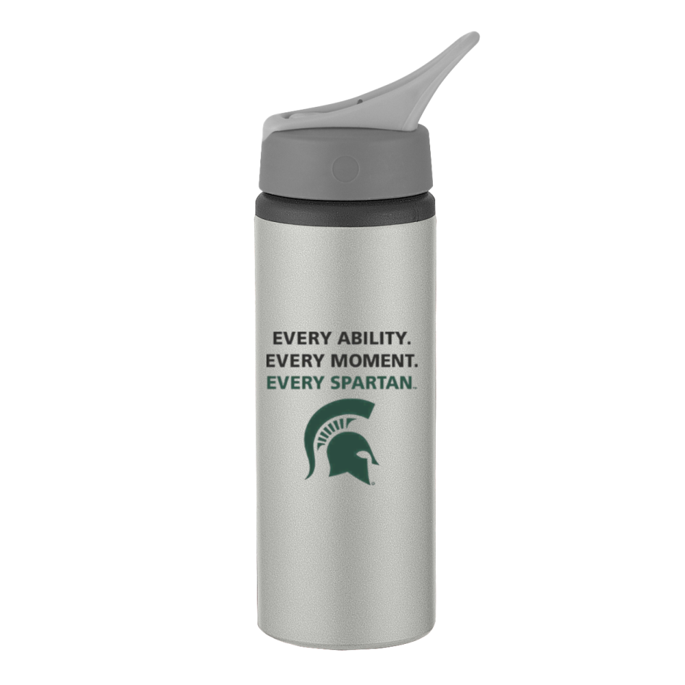 Gray Spartan water bottle with flip spout and green logo text: “EVERY ABILITY. EVERY MOMENT. EVERY SPARTAN.”