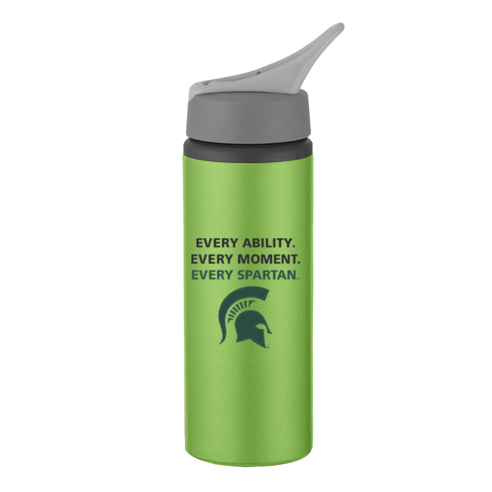 Green Spartan-branded water bottle with gray flip-top lid and slogan text on the front
