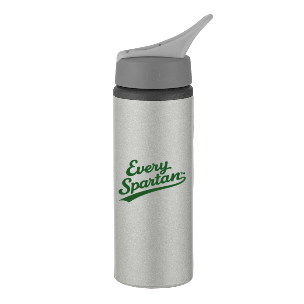 Silver insulated water bottle with gray lid and green “Every Spartan” logo