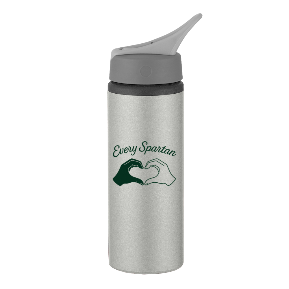 Silver water bottle with gray lid and “Every Spartan” logo