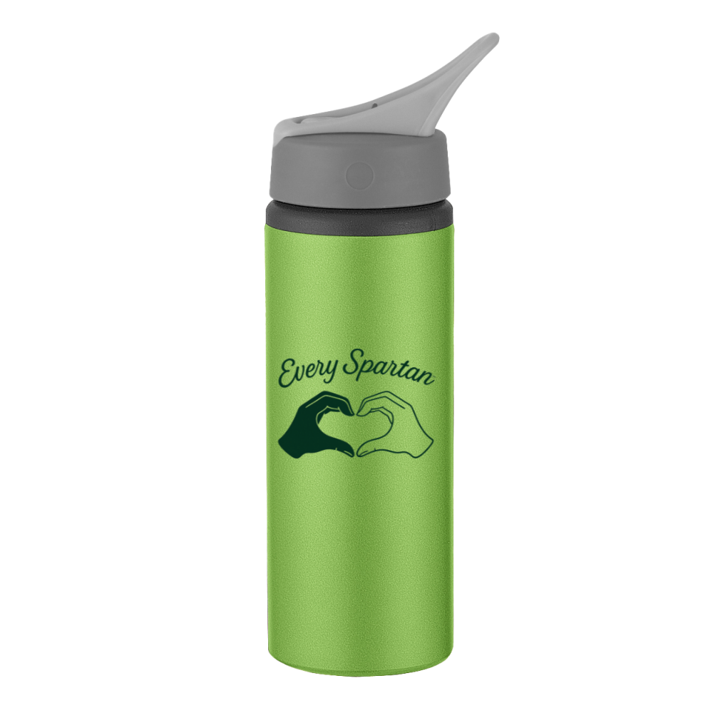 Green sports water bottle with gray flip-top lid and Every Spartan logo