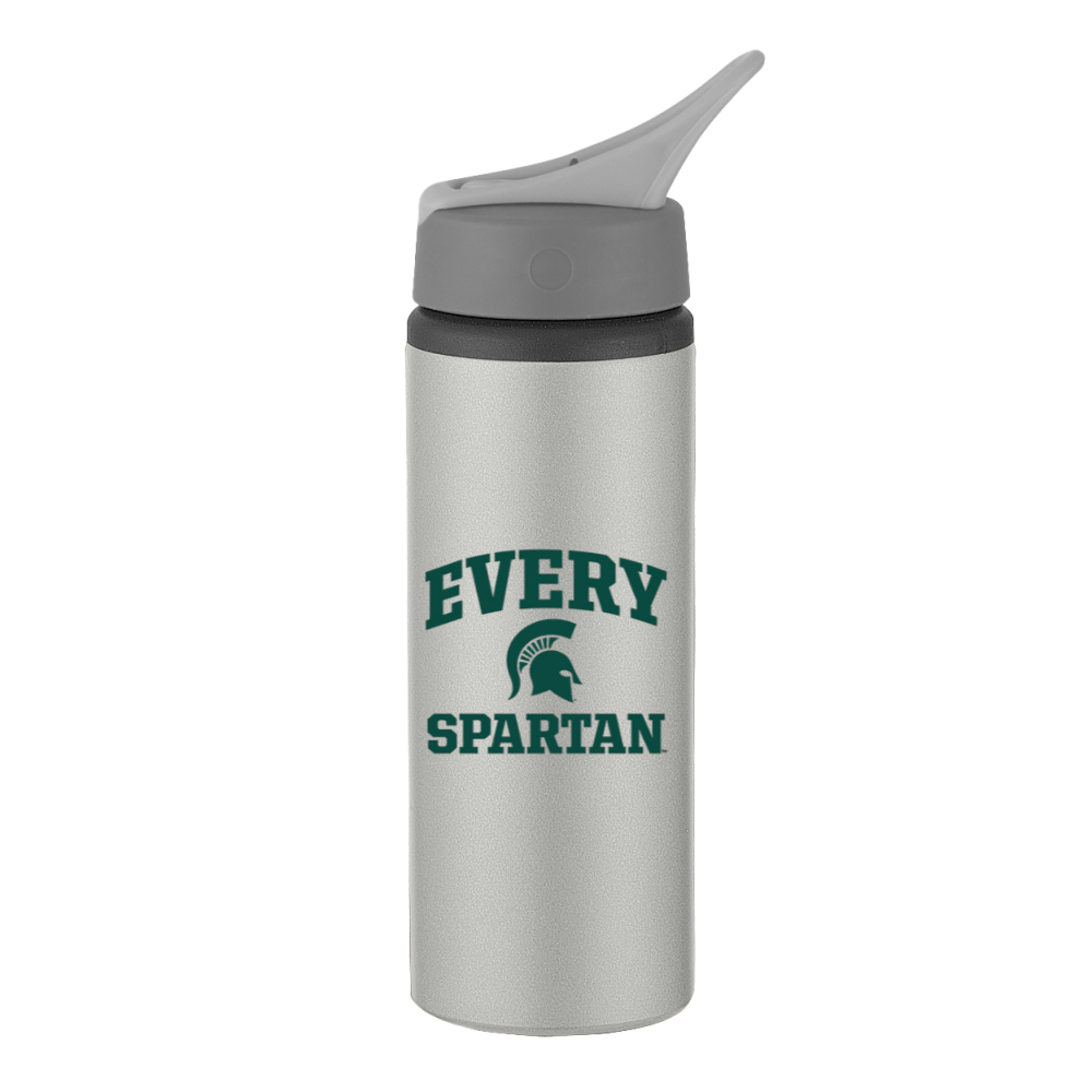 Silver water bottle with gray lid and green “Every Spartan” text