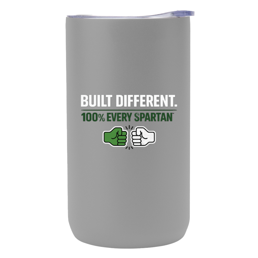Gray tumbler with “BUILT DIFFERENT. 100% EVERY SPARTAN” text and green thumbs-up graphic