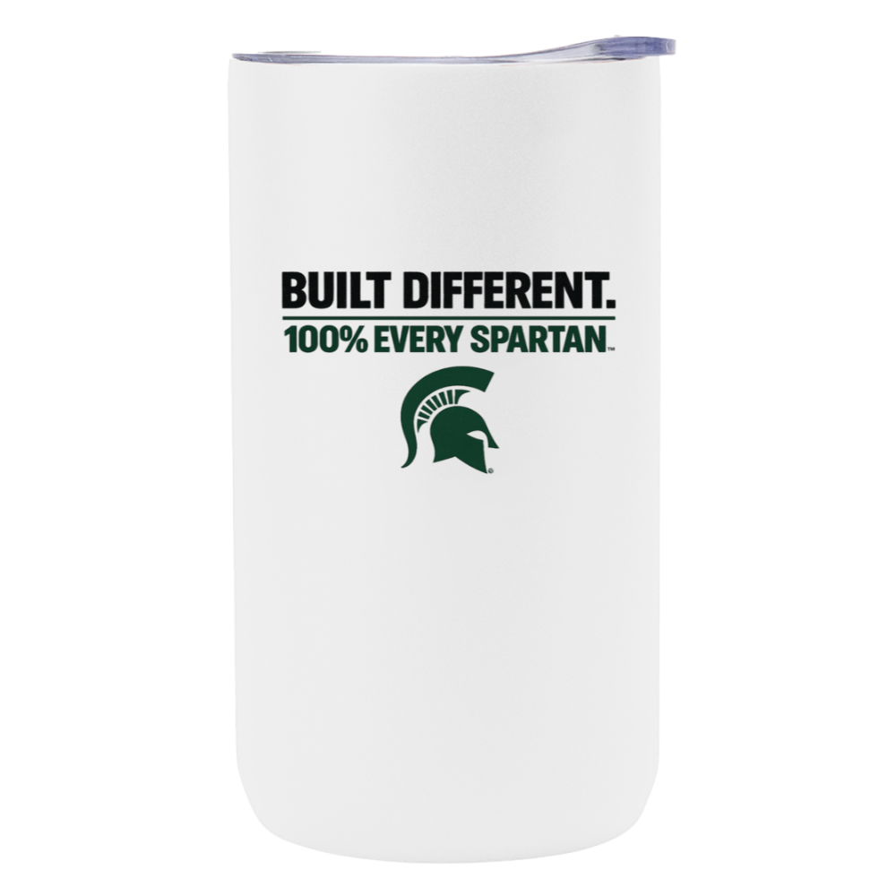 White tumbler with Spartan logo and text “BUILT DIFFERENT. 100% EVERY SPARTAN.”