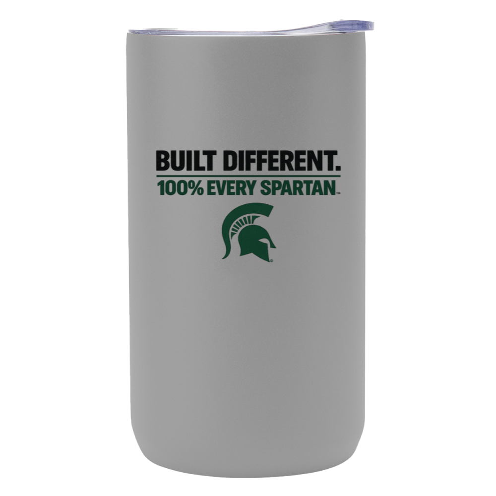 Gray tumbler with green Spartan logo and “BUILT DIFFERENT. 100% EVERY SPARTAN.” text