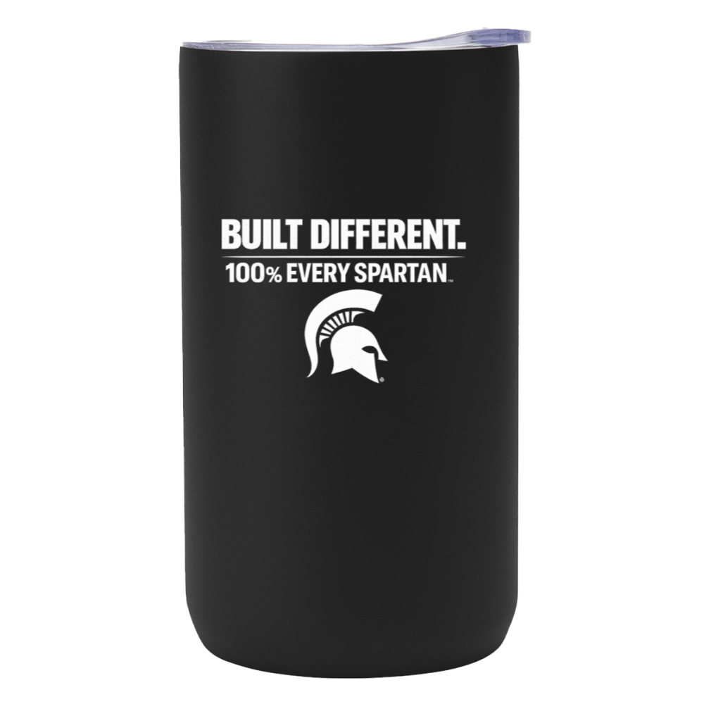 Black insulated tumbler with white Spartan logo and “BUILT DIFFERENT. 100% EVERY SPARTAN.” text