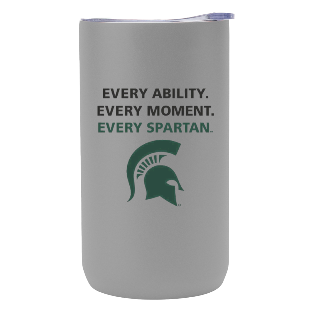 Gray tumbler with Michigan State Spartans slogan and green Spartan helmet logo