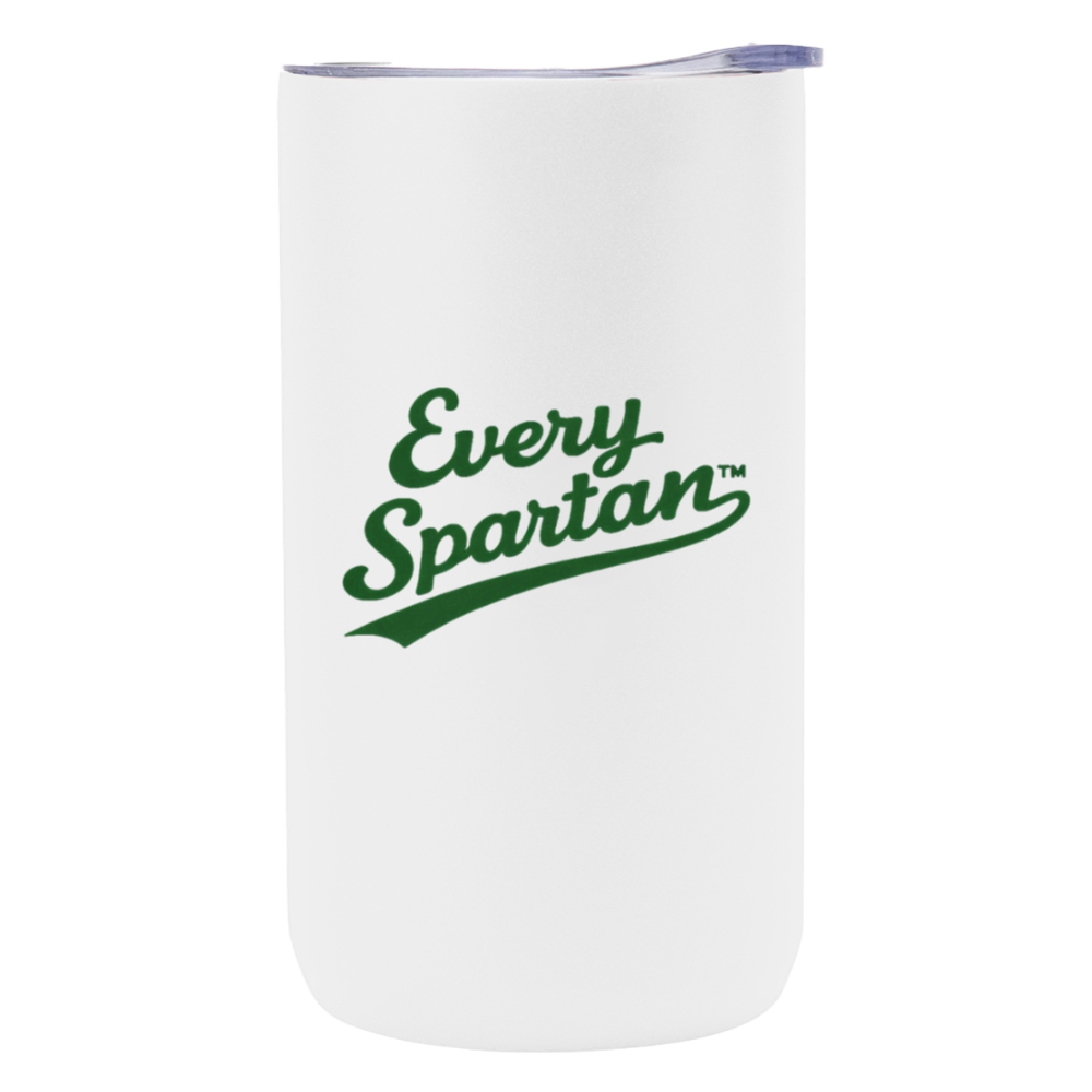 White insulated tumbler with green “Every Spartan” logo on the front