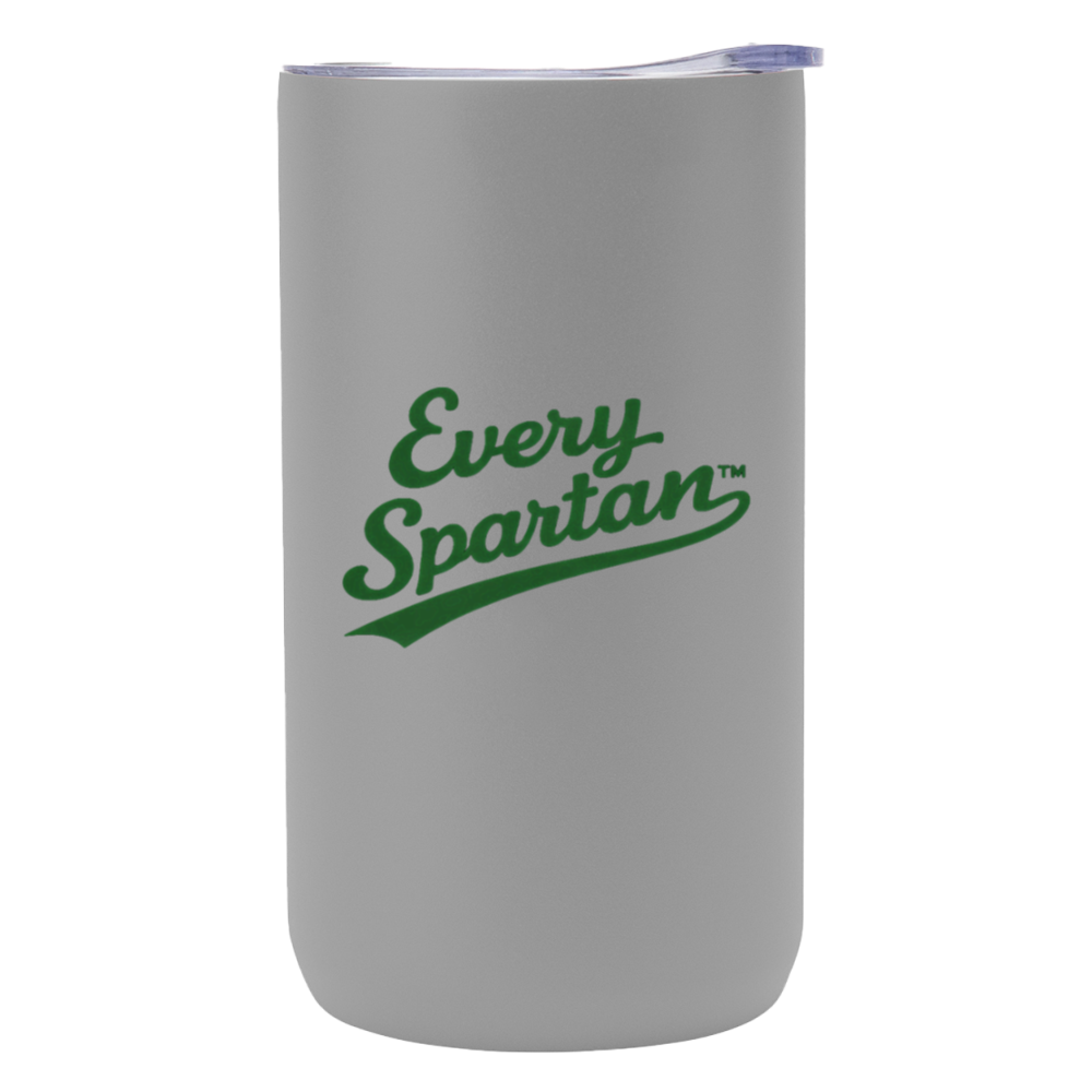 Gray stainless tumbler with green “Every Spartan” logo on the front