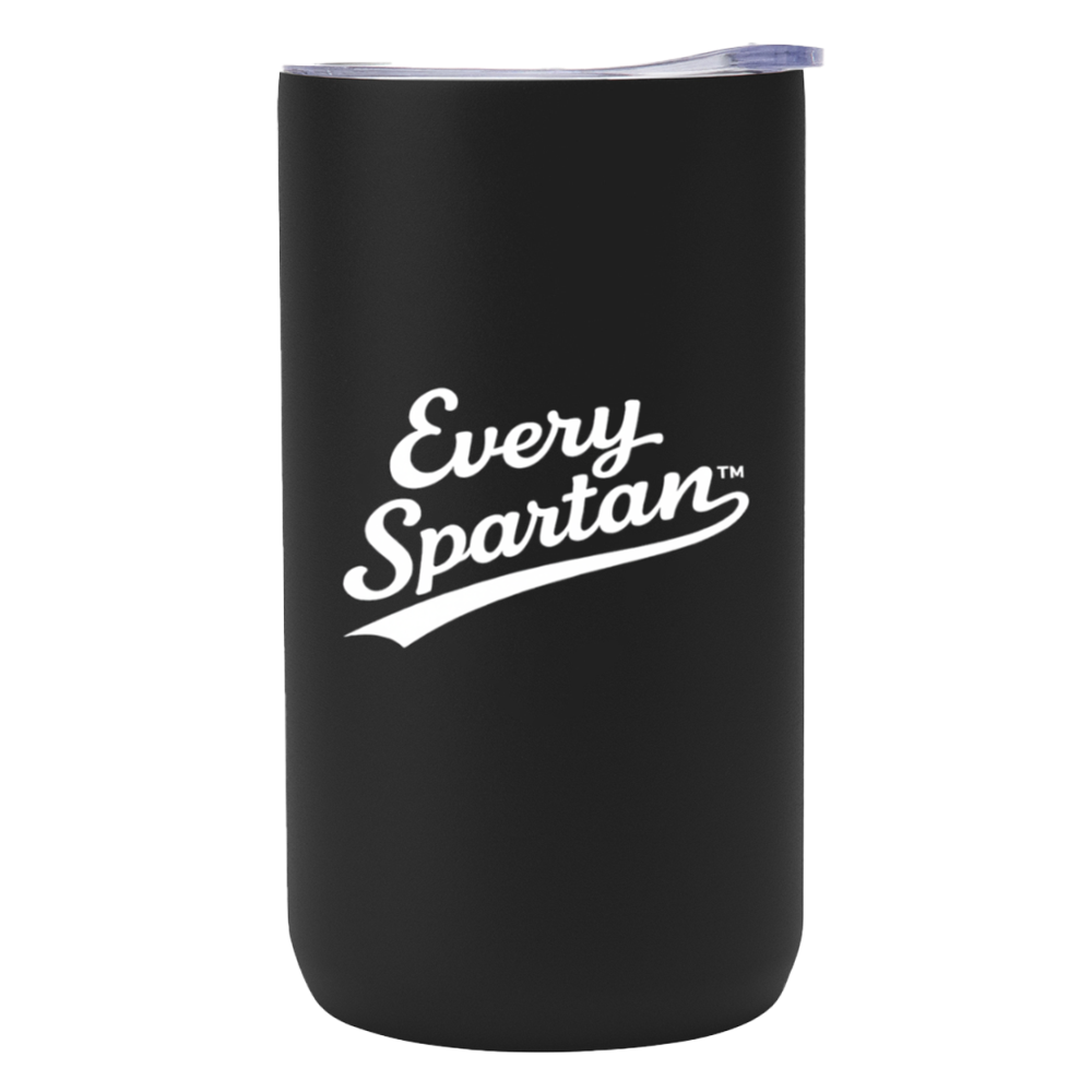 Black insulated tumbler with white “Every Spartan” logo on the front