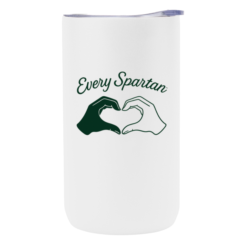White tumbler with “Every Spartan” text and a green and white heart-hands logo