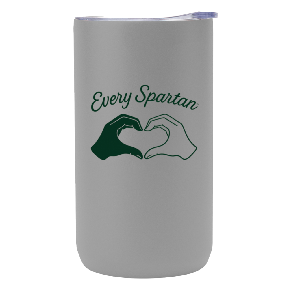 Gray tumbler with “Every Spartan” text and green hand-heart logo.