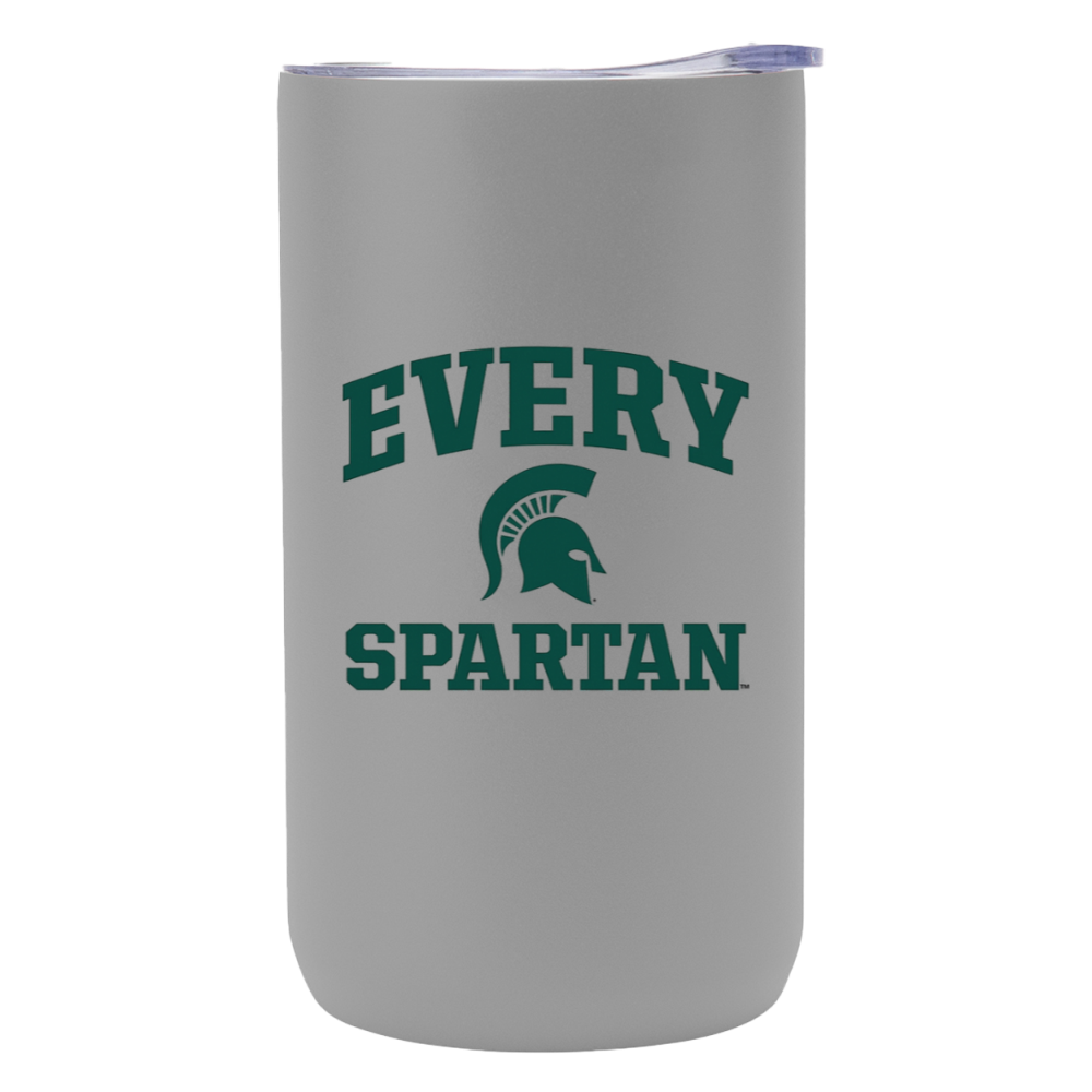 Gray tumbler with green “EVERY SPARTAN” text and Spartan helmet logo