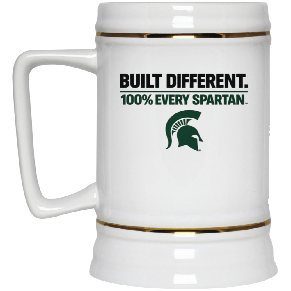 White mug with gold trim and Spartan logo reading “Built Different. 100% Every Spartan.”