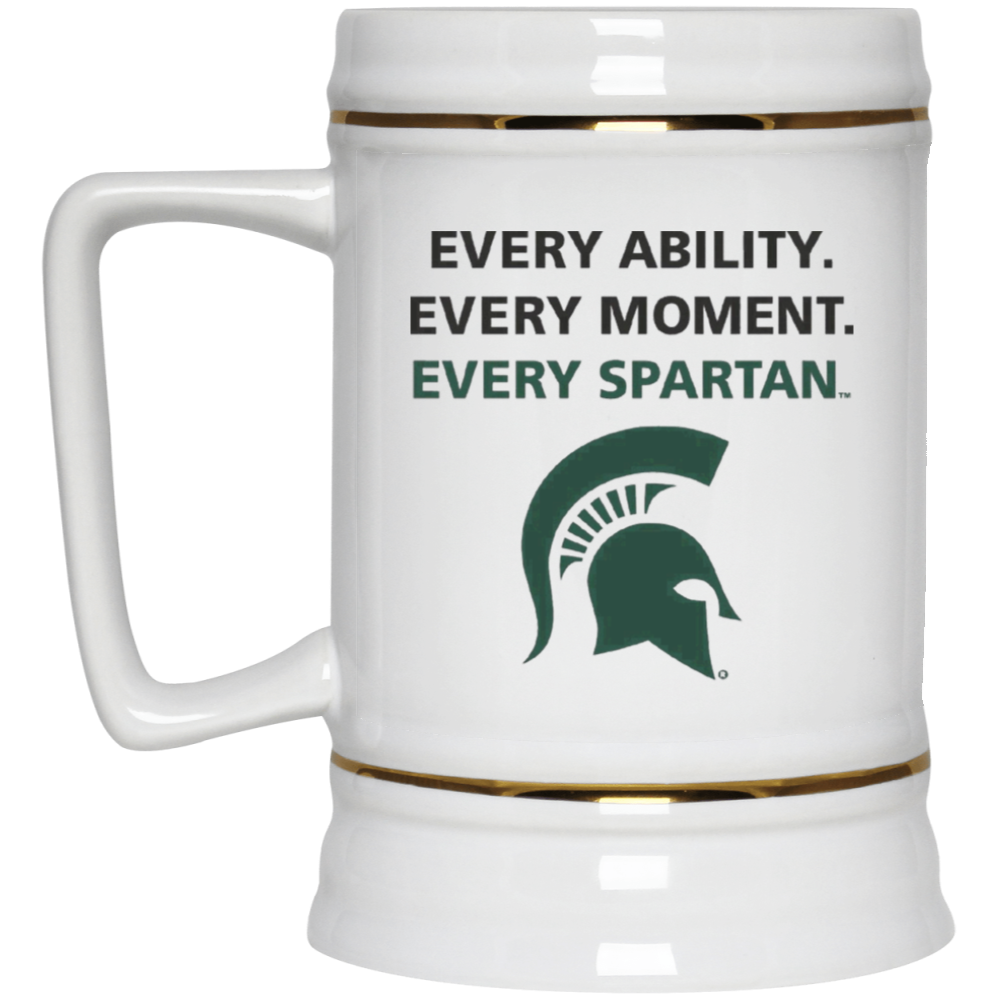 White mug with Michigan State Spartans logo and slogan “Every Ability. Every Moment. Every Spartan.”
