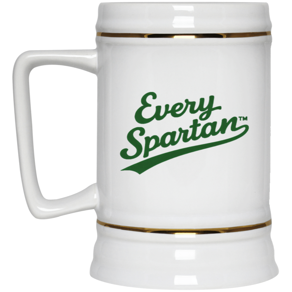 White mug with handle and green “Every Spartan” logo, accented with gold bands