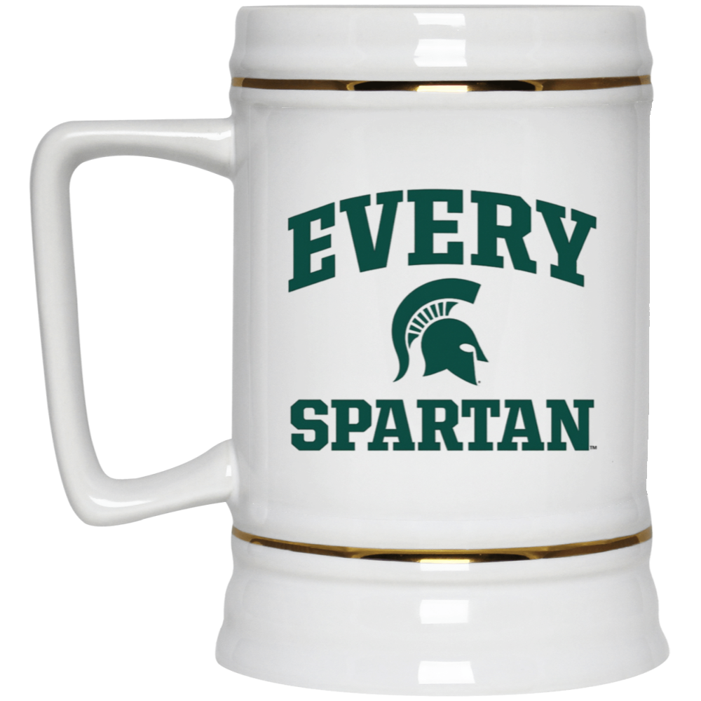 White mug with green “EVERY SPARTAN” text and Spartan helmet logo, accented with gold stripes.