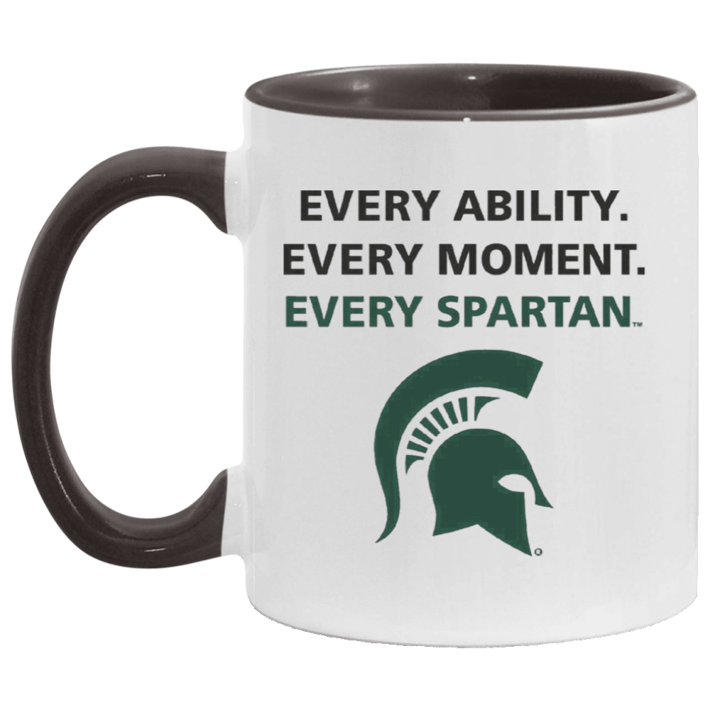 White mug with dark handle and Spartan logo, reading “Every Ability. Every Moment. Every Spartan.”