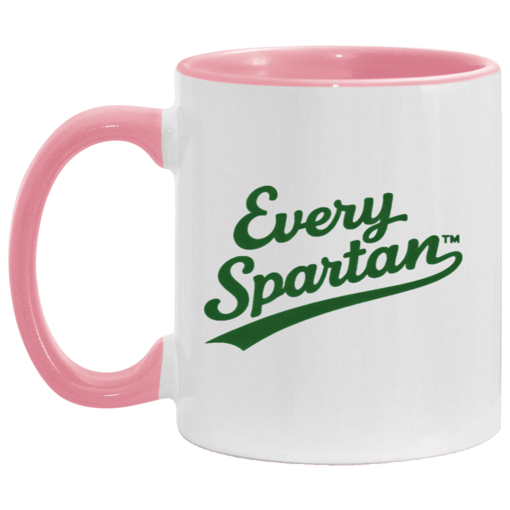 White mug with pink handle and rim, printed with green “Every Spartan” logo