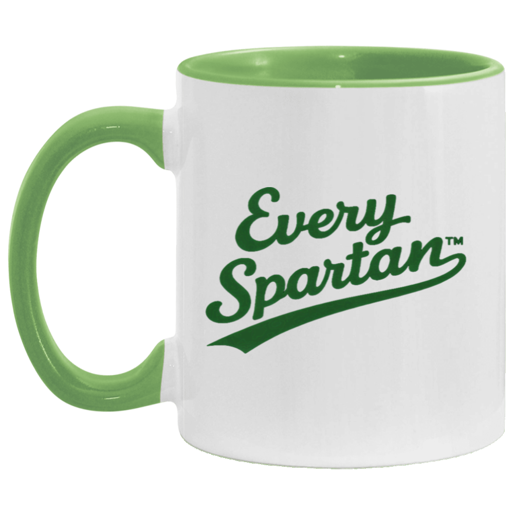 White mug with green handle and rim, printed with “Every Spartan” in green script.