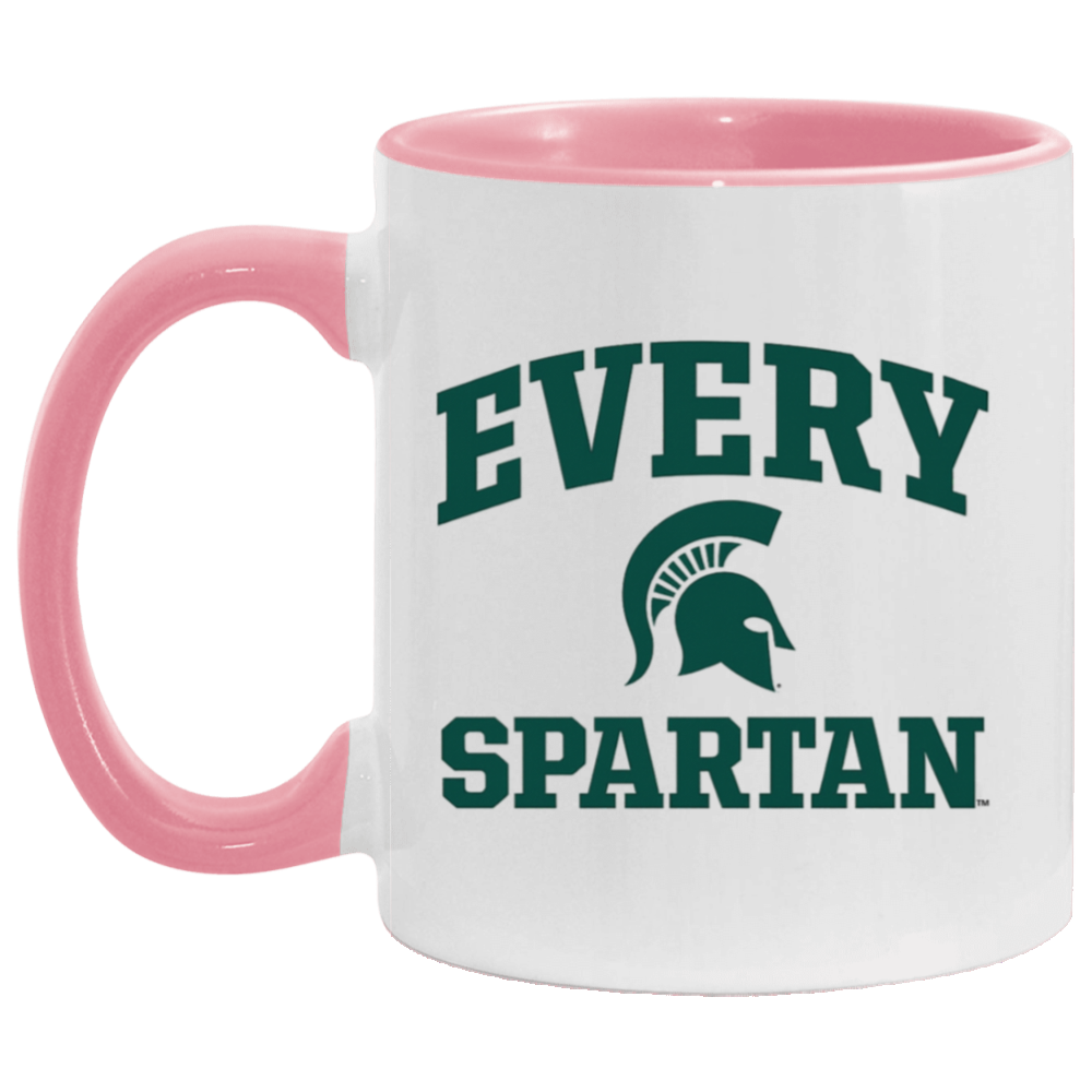 White mug with pink handle and rim, reading “EVERY SPARTAN” with a green Spartan helmet logo.
