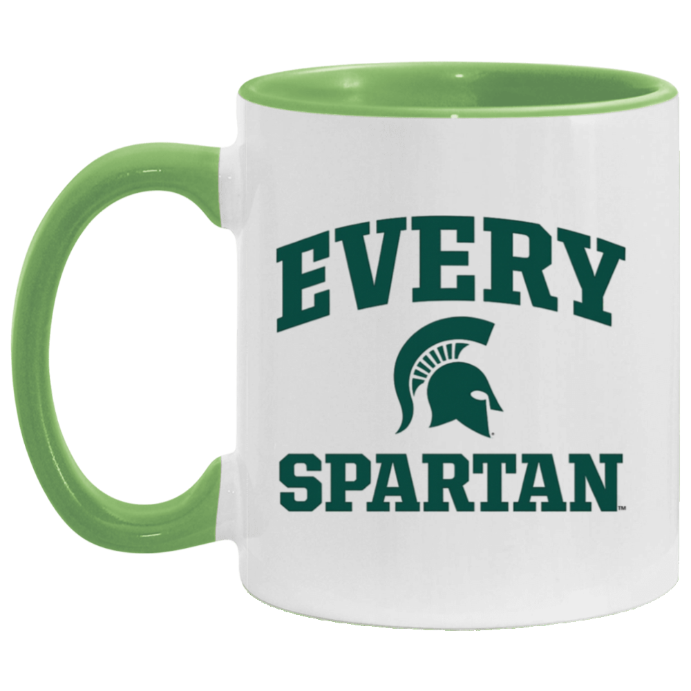 White mug with green handle and rim reading “EVERY SPARTAN” with a Spartan helmet logo.