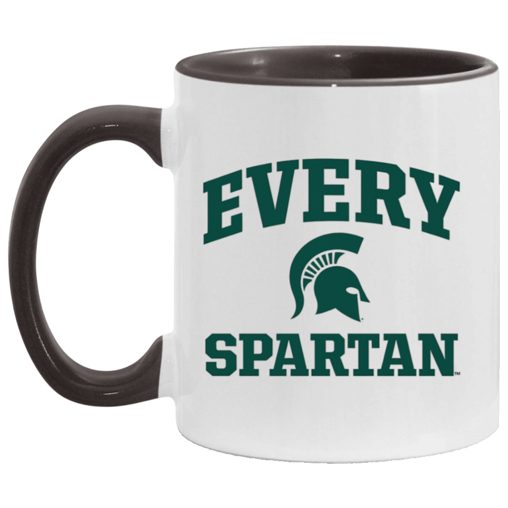 White mug with brown handle and Spartan logo reading “EVERY SPARTAN” in green text