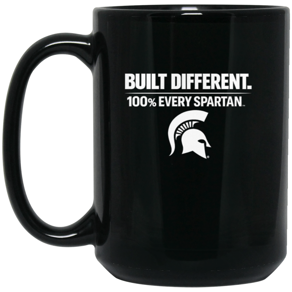 Black mug with white Spartan helmet logo and text: “BUILT DIFFERENT. 100% EVERY SPARTAN.”