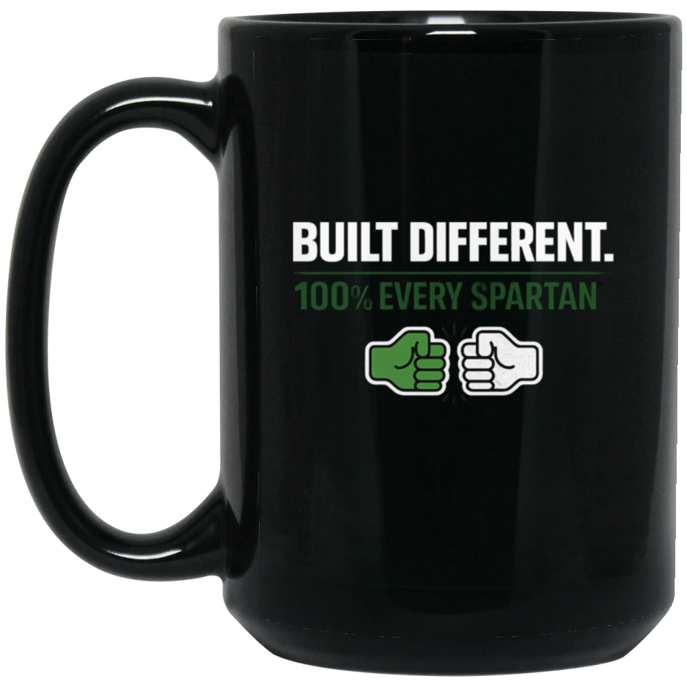 Black mug with slogan “BUILT DIFFERENT. 100% EVERY SPARTAN” and green thumbs-up icons
