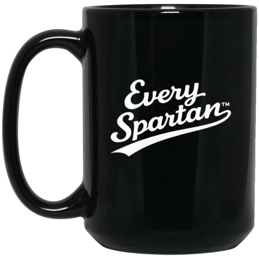 Black mug with white “Every Spartan” logo