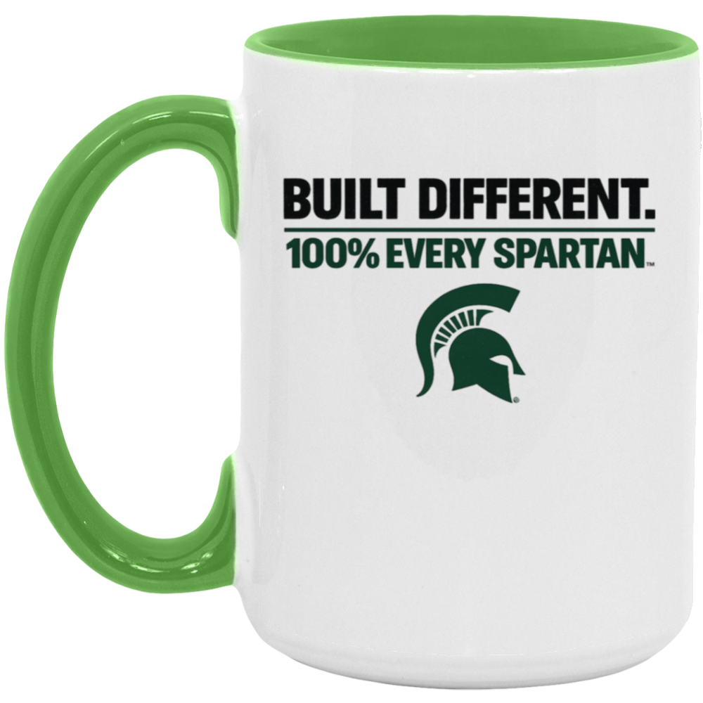 White mug with green handle and rim, printed with “BUILT DIFFERENT. 100% EVERY SPARTAN.” and a Spartan helmet logo