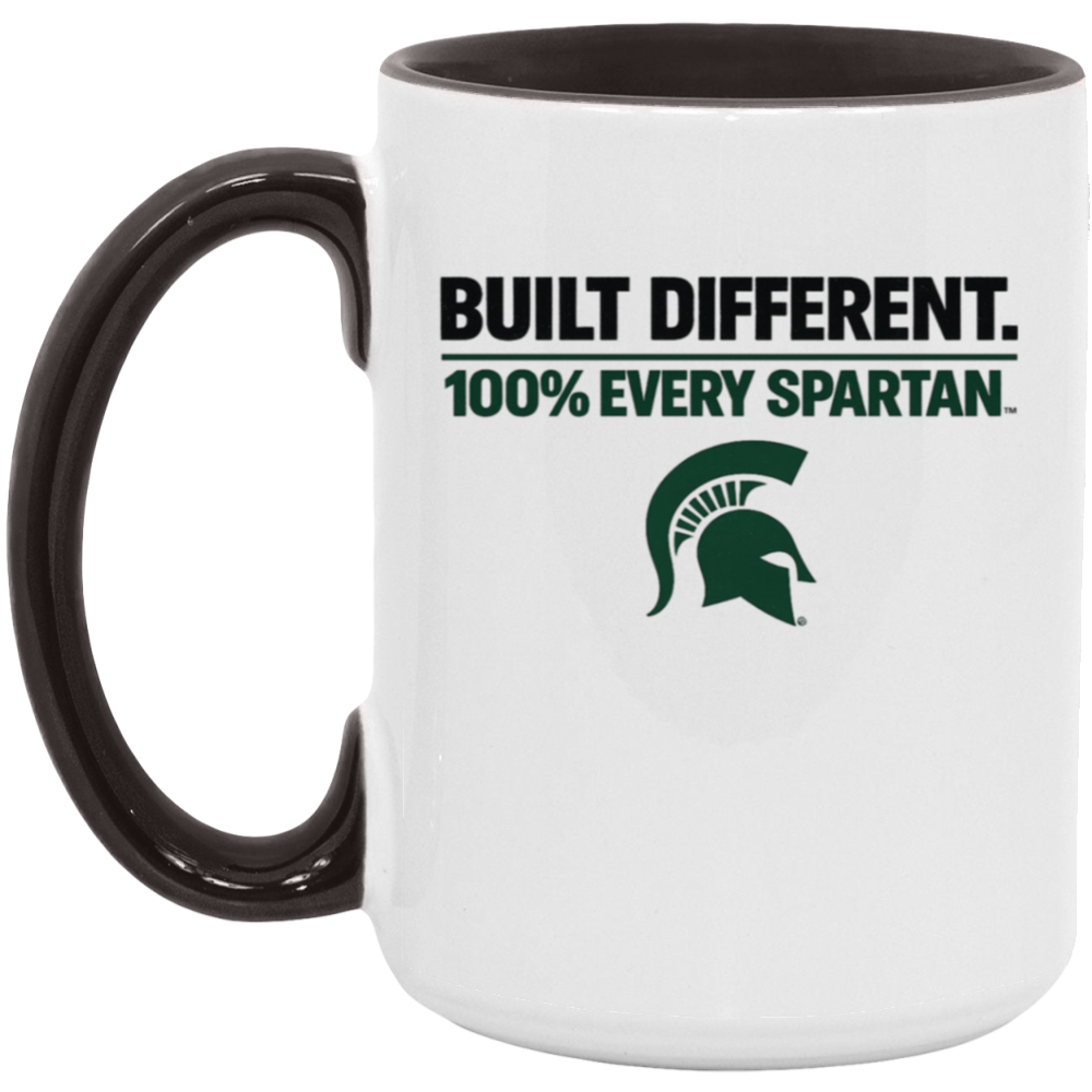 White mug with black handle and Spartan logo, reading “BUILT DIFFERENT. 100% EVERY SPARTAN.”