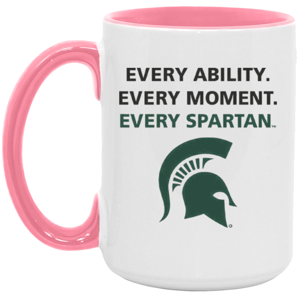 White mug with pink handle and rim, featuring Spartan logo and “Every Ability. Every Moment. Every Spartan.” text