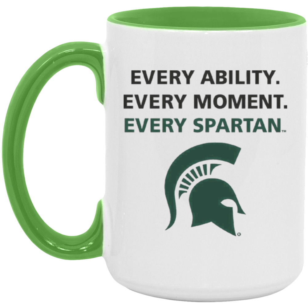 White mug with green handle and rim, featuring Spartan helmet logo and text “Every Ability. Every Moment. Every Spartan.”