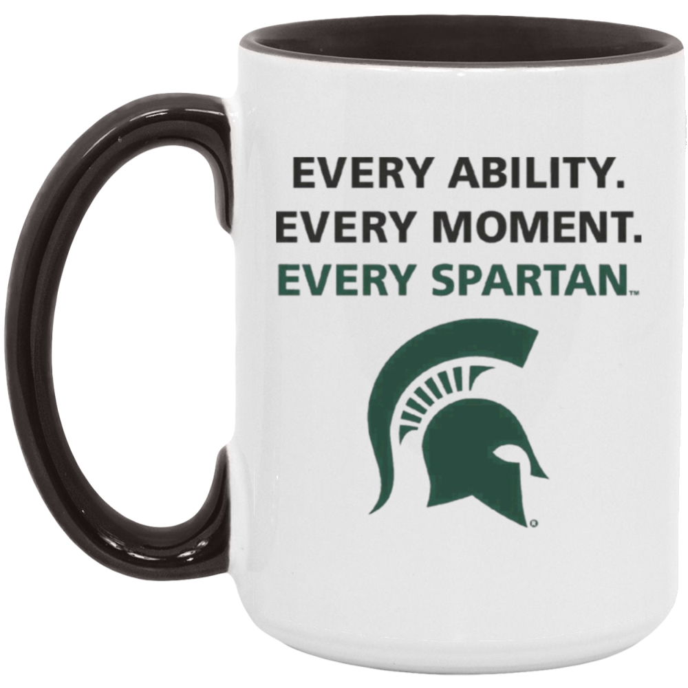 White mug with black handle and green Spartan logo, reading “Every Ability. Every Moment. Every Spartan.”