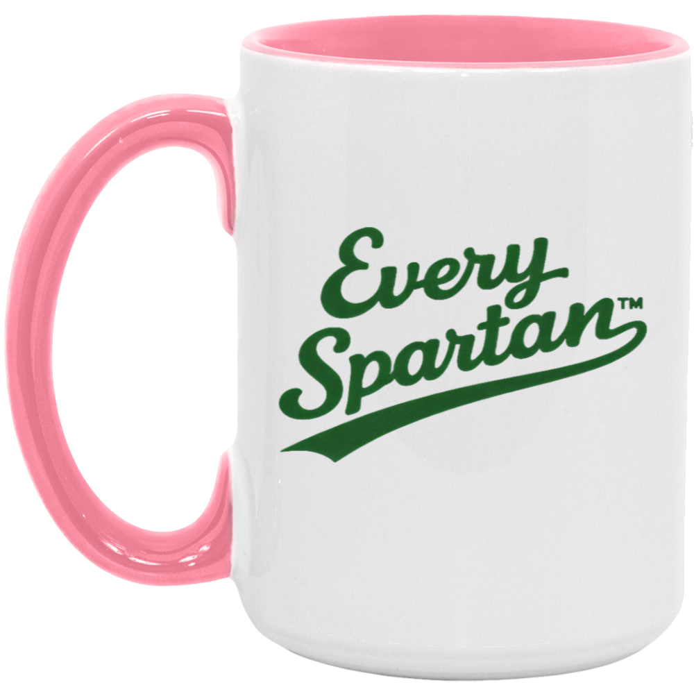 White mug with pink handle and rim, printed with green “Every Spartan” logo.