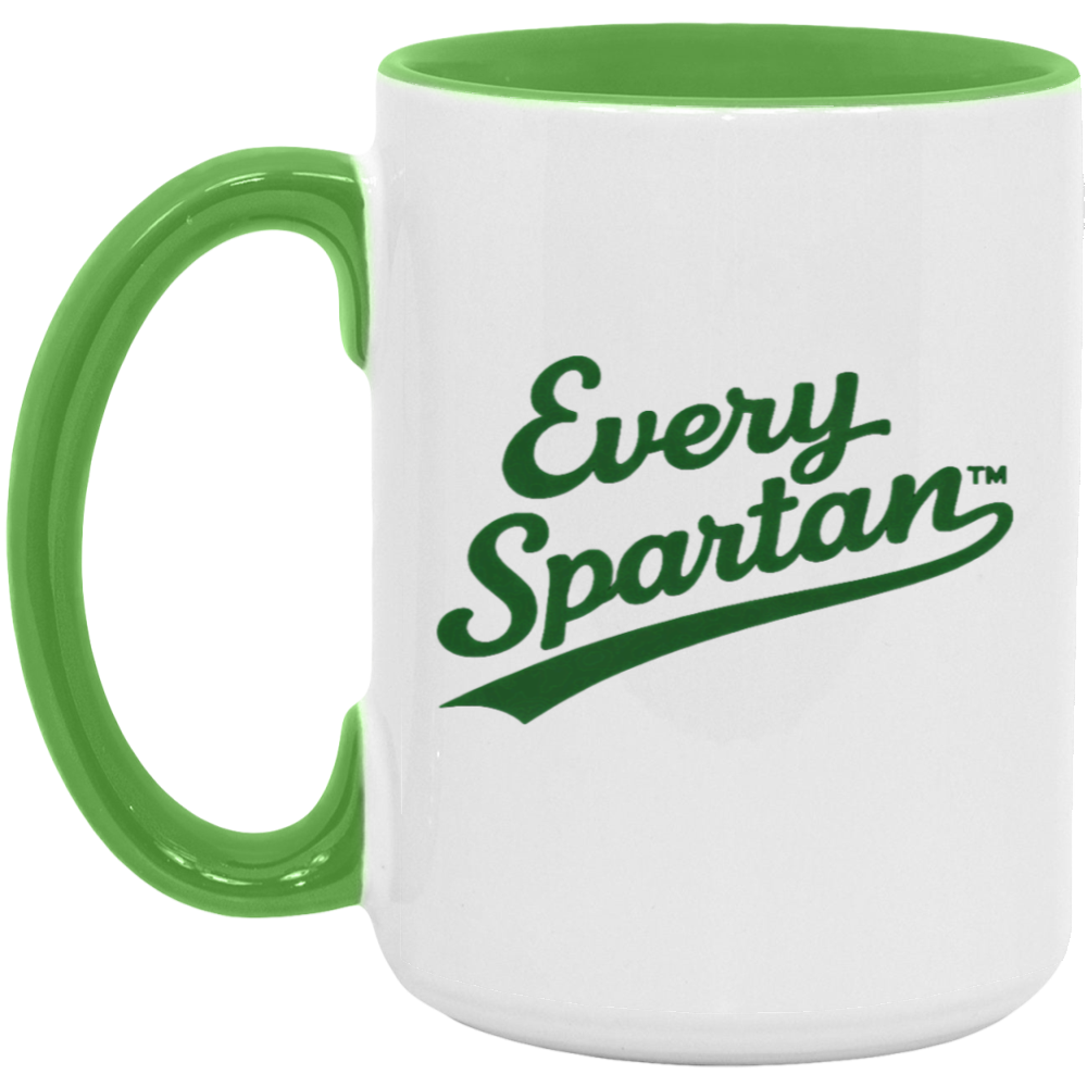 White mug with green handle and rim, printed with “Every Spartan” logo in green
