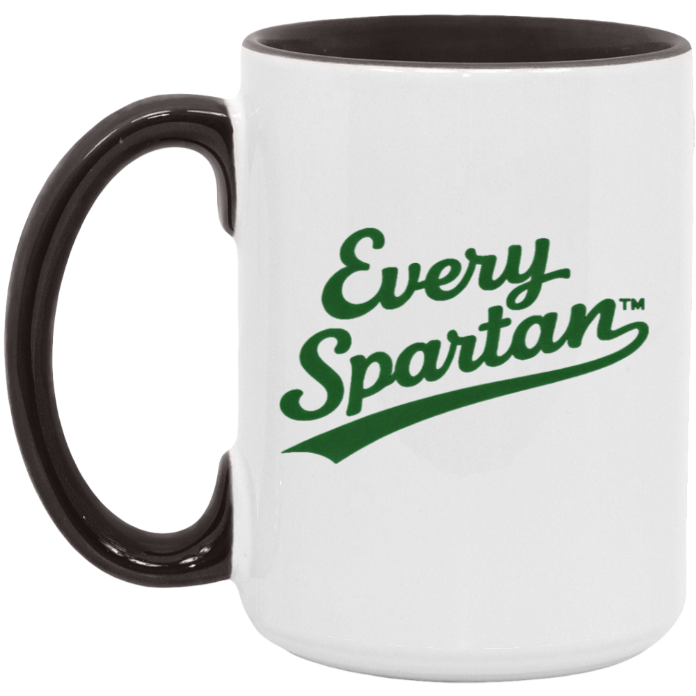 White mug with black handle and green “Every Spartan” logo