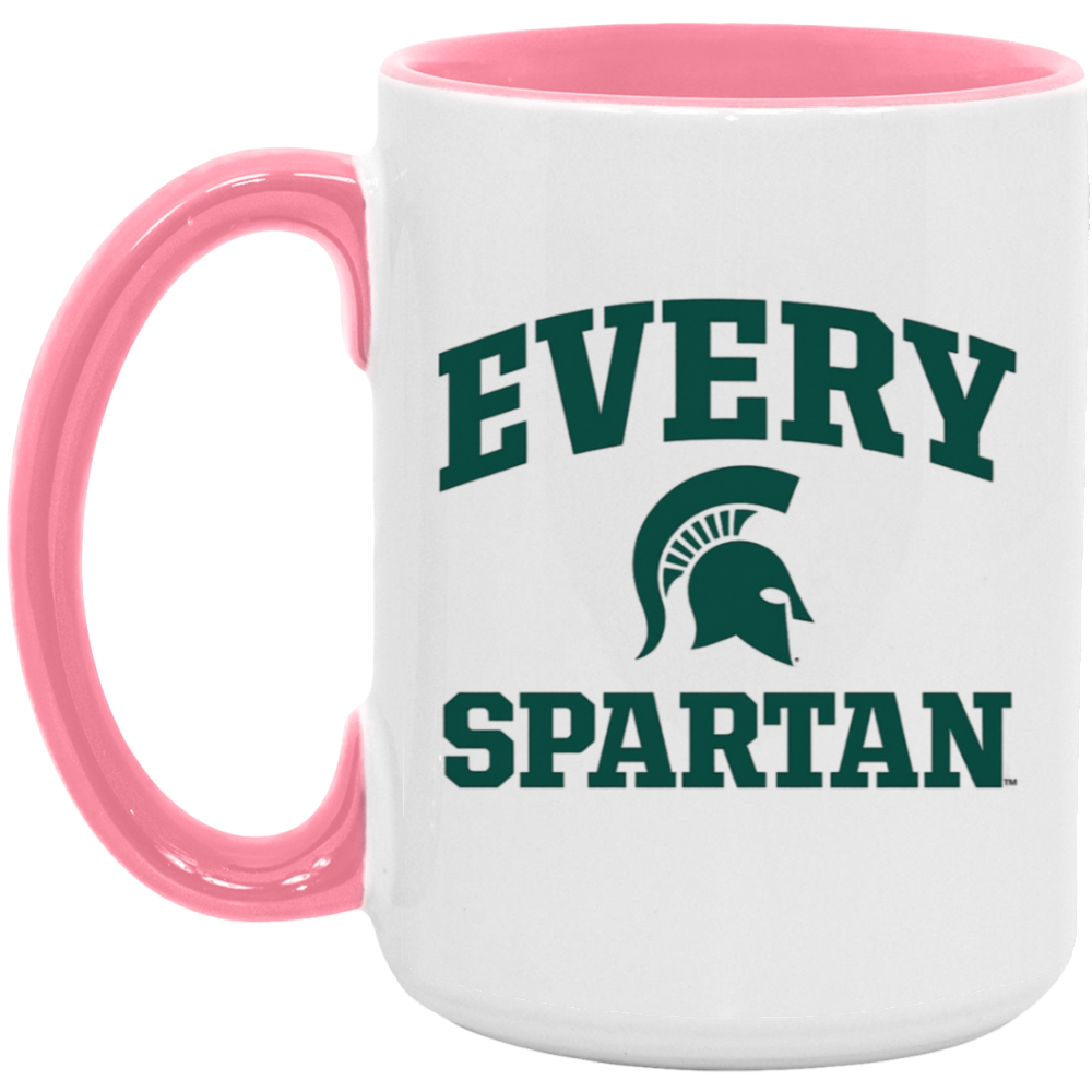 White mug with pink handle and rim, reading “EVERY SPARTAN” with a green Spartan helmet logo