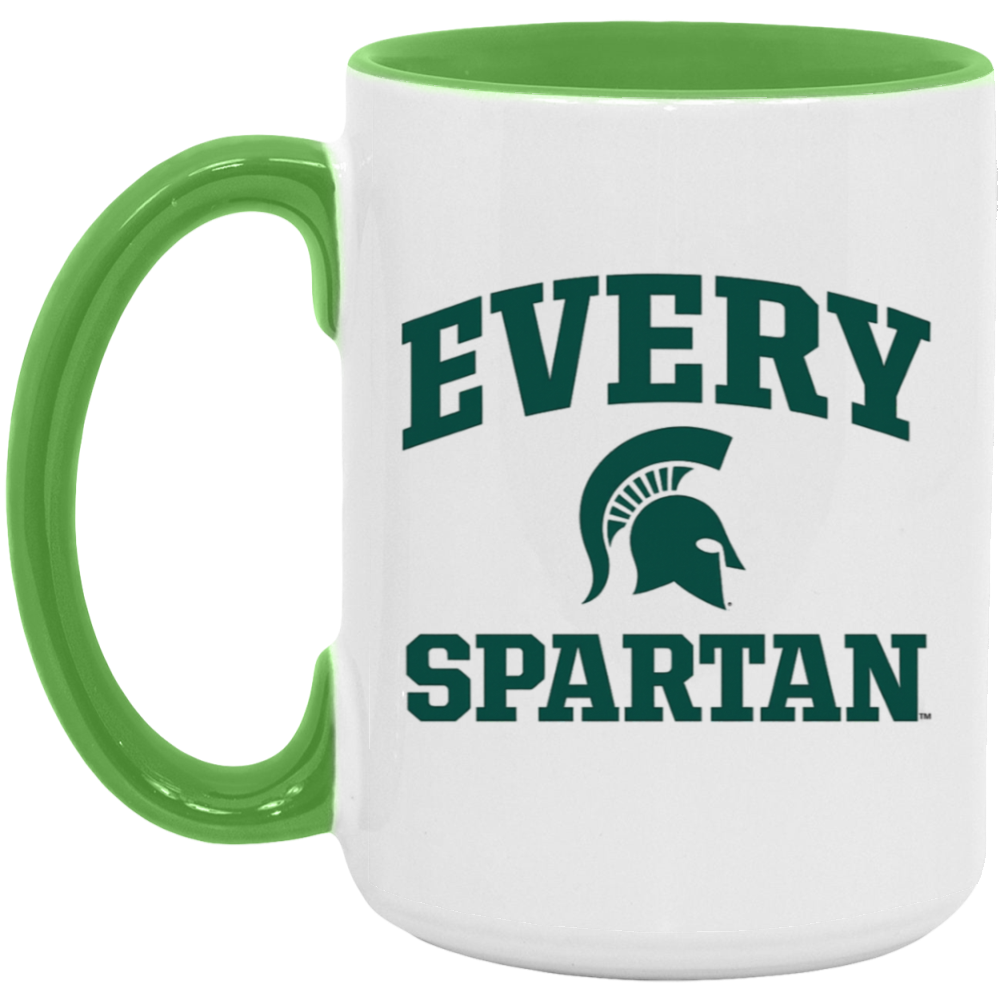 White mug with green handle and rim, reading “EVERY SPARTAN” with a Spartan helmet logo.