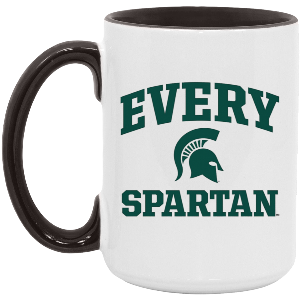 White mug with black handle and green “EVERY SPARTAN” text and Spartan helmet logo