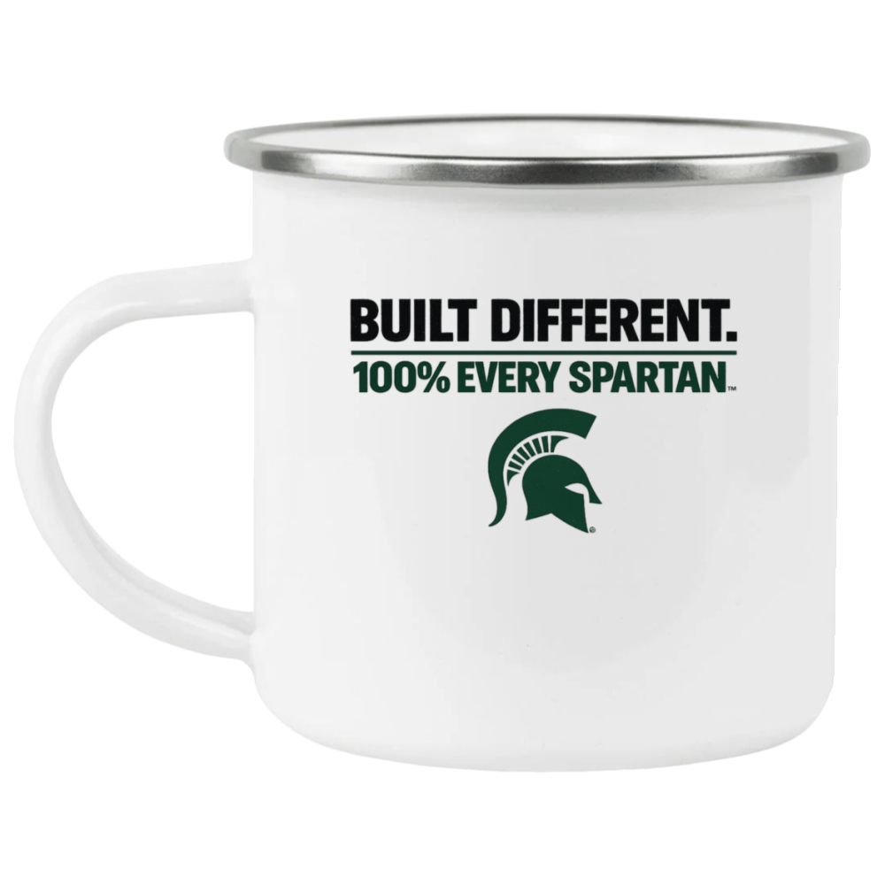 White mug with metal rim and green Spartan logo reading “BUILT DIFFERENT. 100% EVERY SPARTAN.”