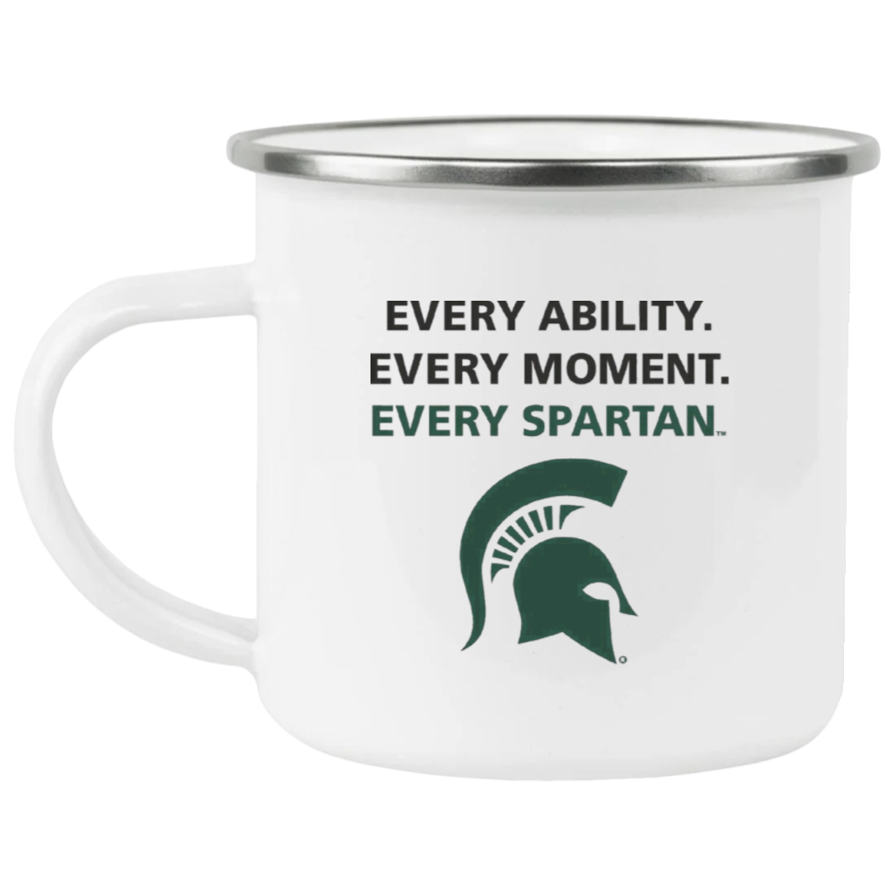 White mug with green Spartan helmet logo and slogan: “Every Ability. Every Moment. Every Spartan.”