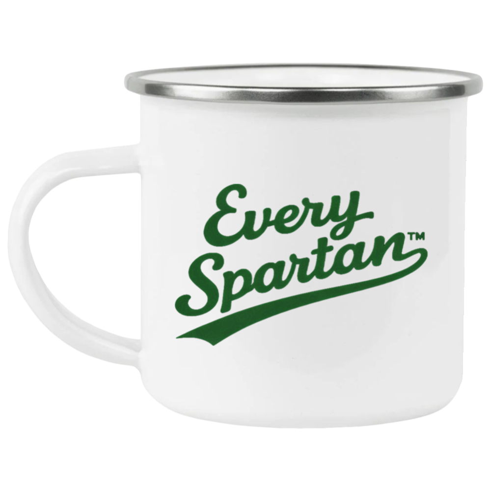 White enamel mug with green 